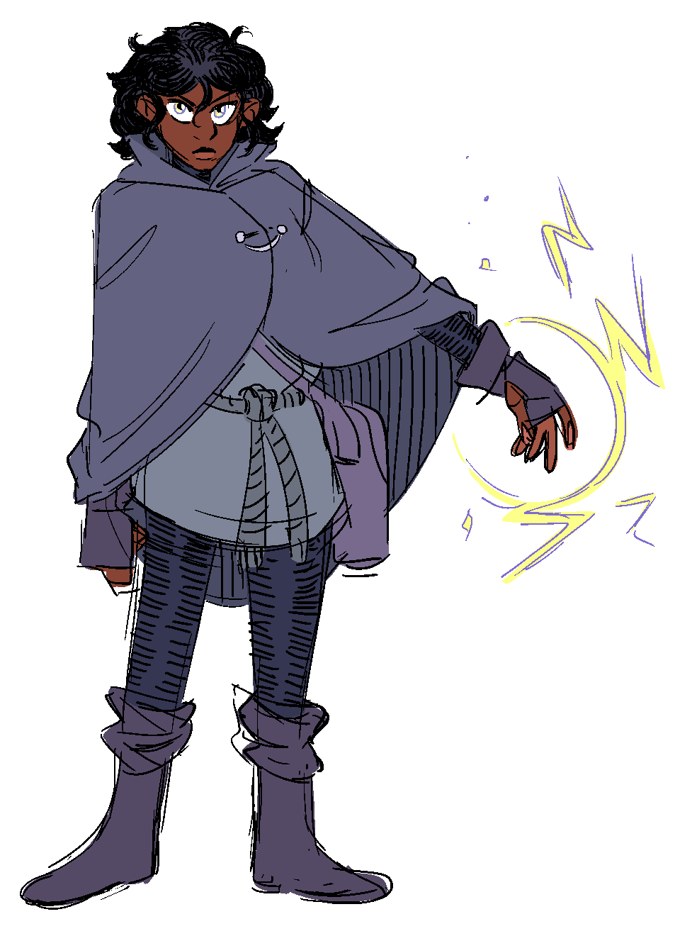 A drawing of a smaller woman with neck lenth black hair, dark brown skin, a light yellow eyes. She is clad in a purplish grey cloak and has her left hand raised to hip height and lightning is crackling from her fingers.