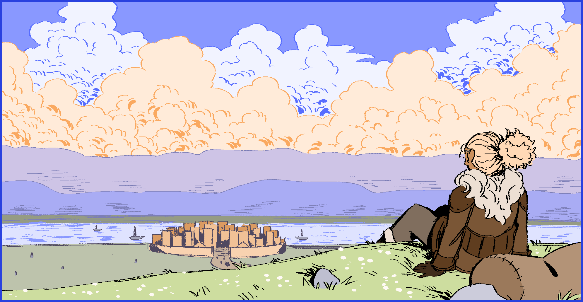 A drawing of Sol siting on a low grassy hill and looking down at a town resting next to a river.