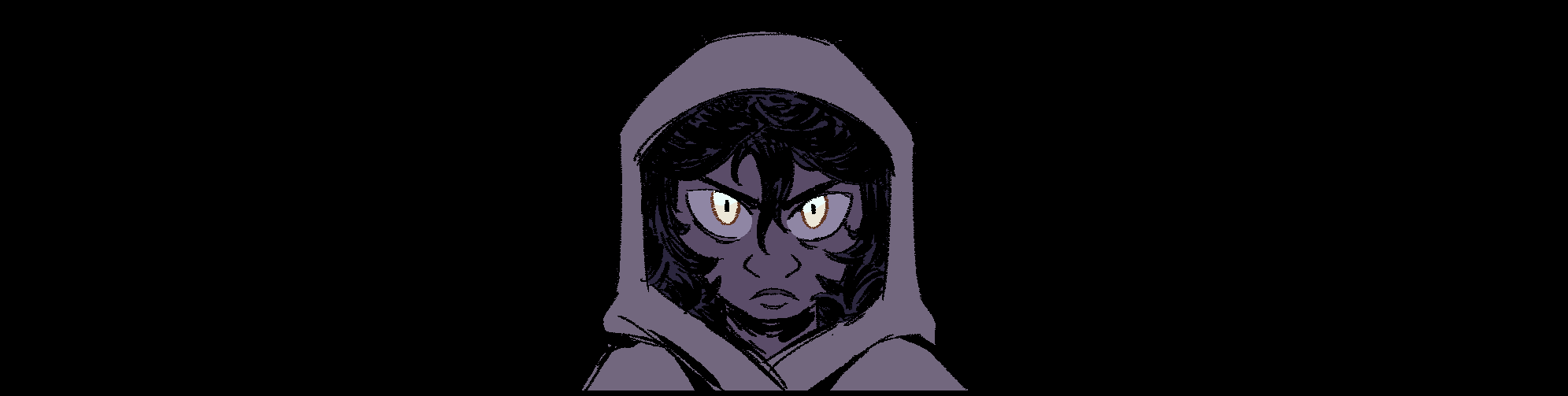 A drawing of Nyx from the shoulders up. She is looking directly at the viewer and is against a pitch black background.