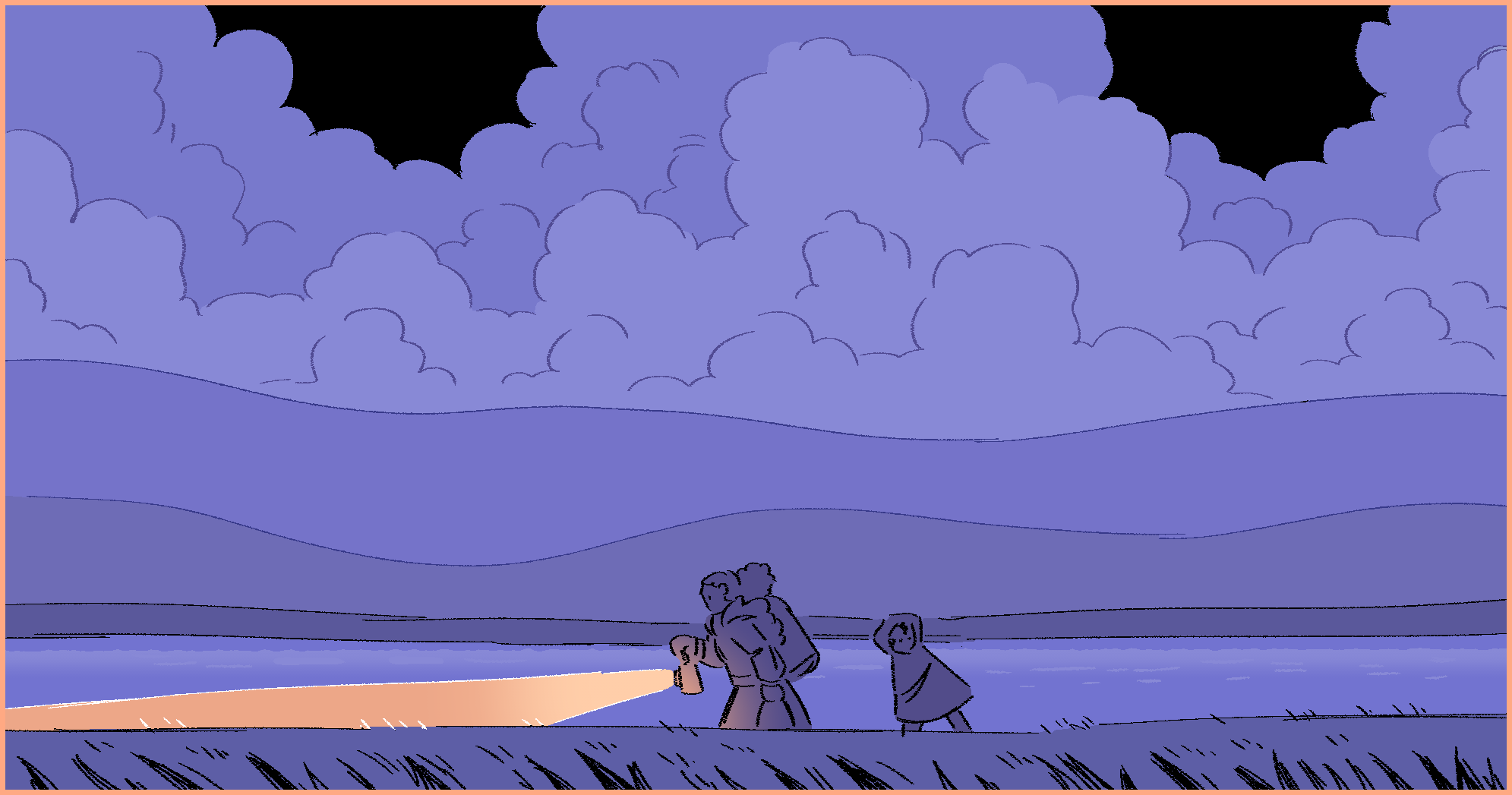 A drawing of Sol and Nyx walking through a dark field at night, behind them is the river, a wall of mist, and large cumulonimbus clouds. Sol is holding her hand lantern in front of her as she leads the way with its light, and Nyx is following behind her, though casting a glance back over her shoulder.