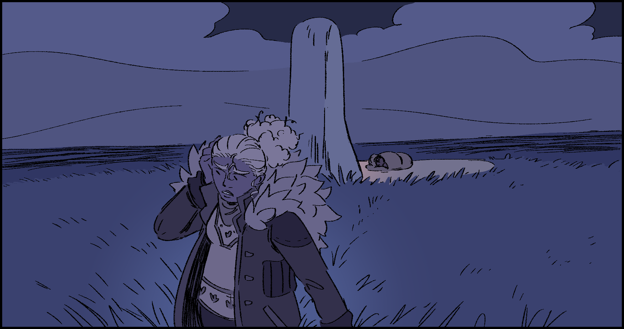 A drawing of Sol wandering away from the standing stone, where Night is still asleep at their camp. Sol is holding her head iin confusion as she meanders trough the dark field.