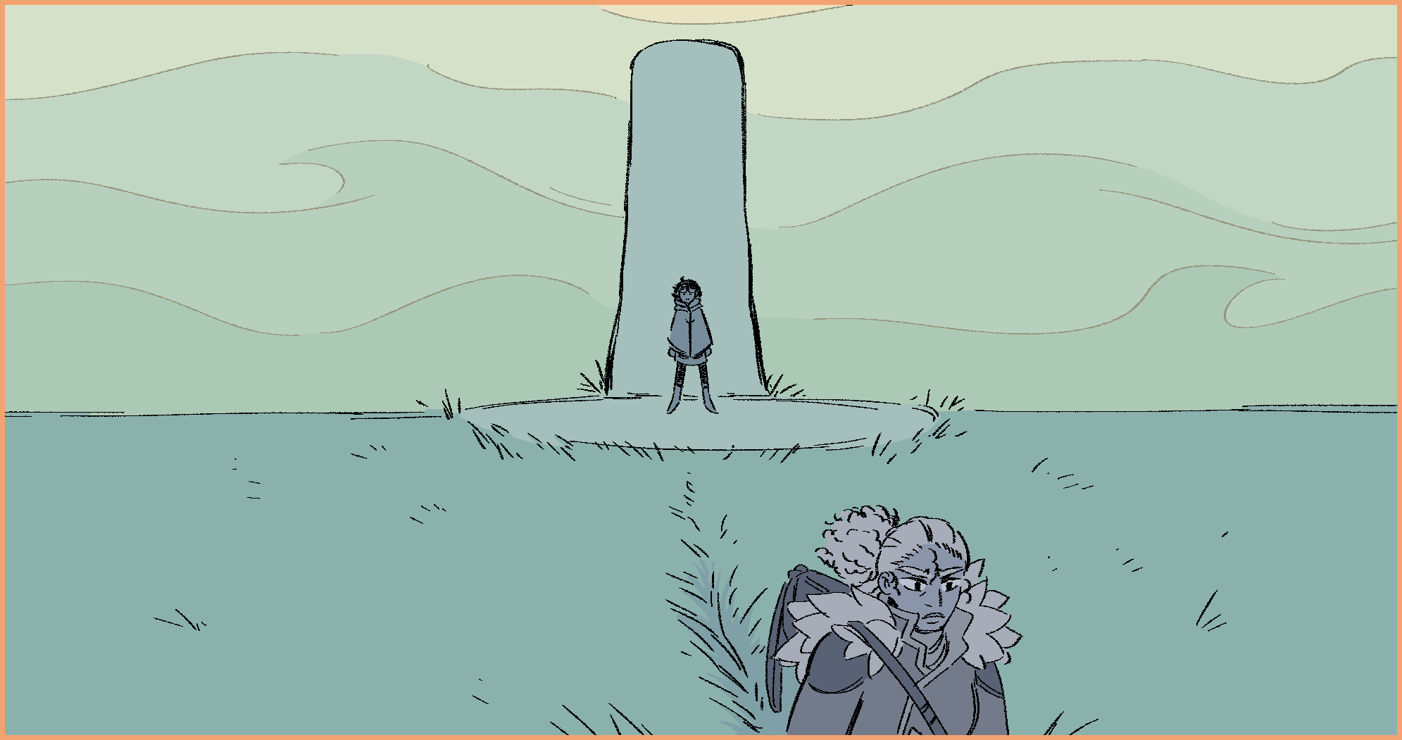 A drawing of Night standing alone at the standing stone as Sol walks away in the foreground. Both of them look upset. Behind them is the shifting mist.