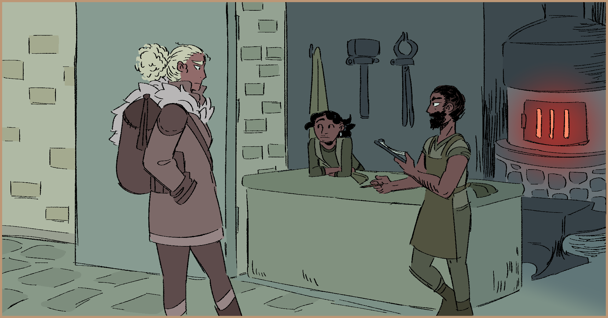 A drawing Sol talking to the blacksmith and his young apprentice in front of their shop.