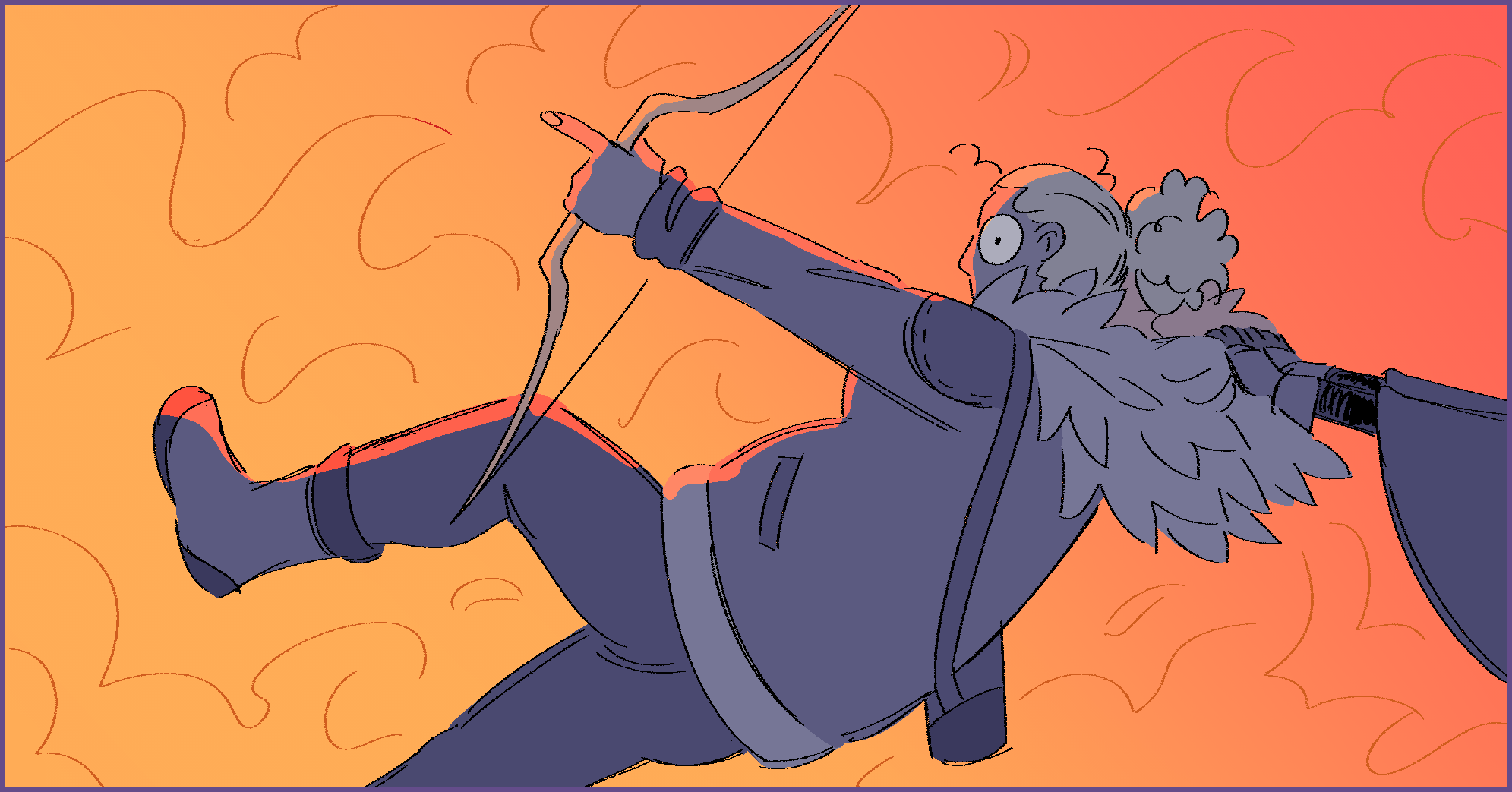 A drawing Sol getting yanked away from a wall of flame by Night. Sol is surprised by what is happening and has her horn bow held in her left hand.