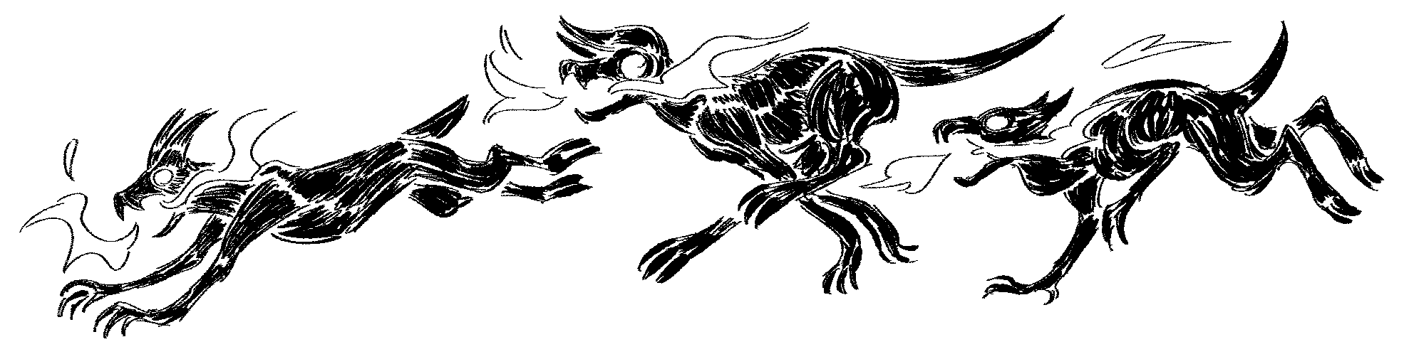 A black and white drawing of three demons running after something