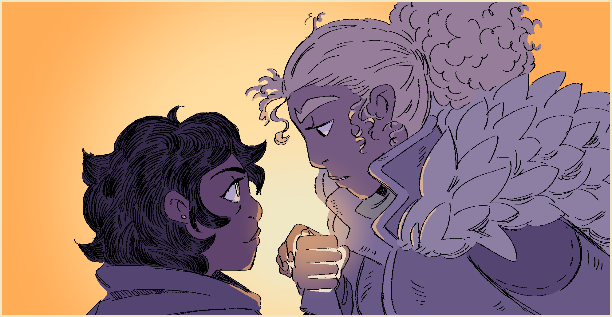 A drawing of Sol and Nyx with their hands clasped together and staring into each other's eyes. There is light emanating from between where their hands are held together.