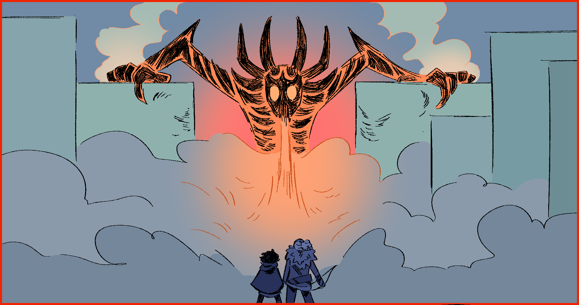 A drawing of the arch demon towering over Sol and Nyx as the two of them look on.