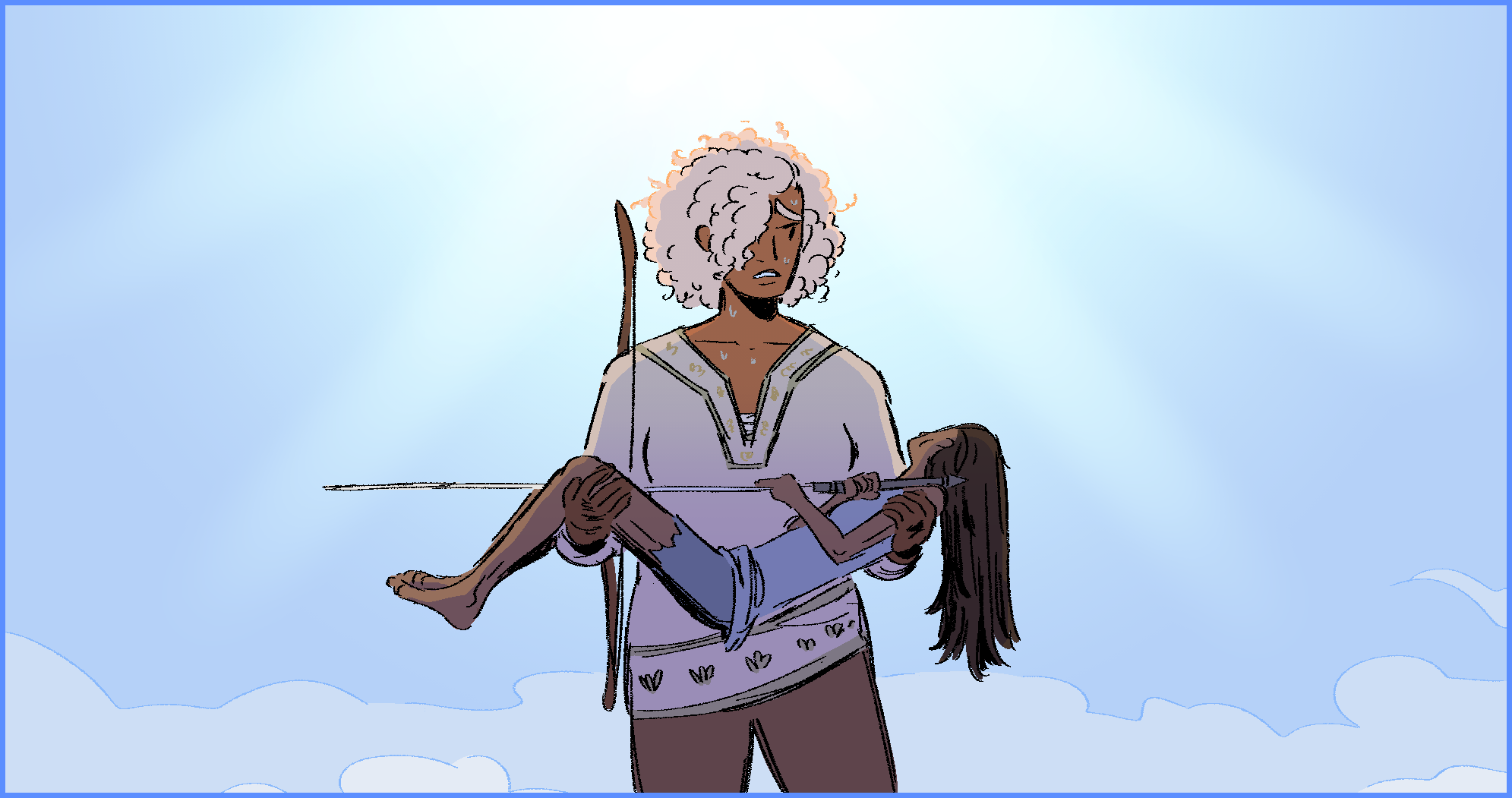 A drawing of Sol holding the wizened body of a youth in her arms as the sun shines down on both of them. 